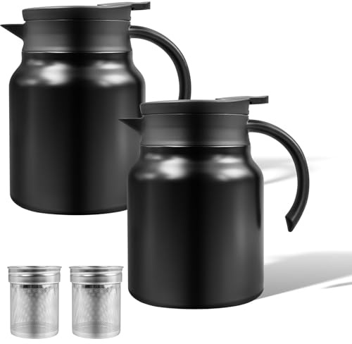 Lot de 2 carafes à café isothermes de 1 l en acier inoxydable à double paroi avec filtre à thé amovible, cafetière isolée sous vide pour boissons chaudes, noires
