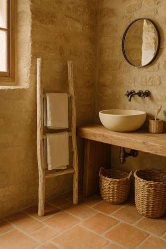 Biscottini Scaletta porta asciugamani bagno 108x32x3 - Scala Decorativa in Legno - Scaletta legno appendi asciugamani - Scala portasciugamani - Scaletta portasciugamani da parete Metallo, Bambu