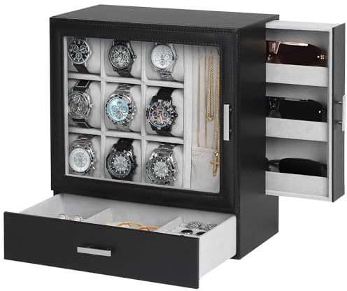 Boîte à bijoux verticale à 9 compartiments avec porte-chaîne, boîte à bijoux de qualité supérieure pour hommes, boîte à montres debout avec couvercle en verre, boîte à bijoux pour lunettes de soleil