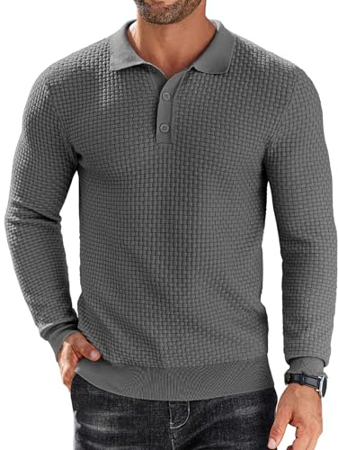 COOFANDY Mens Long Sleeve Polo Shirts Knitted Waffle Jumpers | Men's Polo Shirt, Knitted Jumpers, Regular Fit, Waffle Tops, Casual Smart