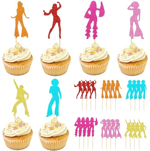 SSKHE 24Pcs 70's Disco Cake Decorations,Retro Disco Dancing Cupcake Toppers,Interesting Cupcake Toppers for Birthday Party,Party,Ball Music Theme,Wedding.