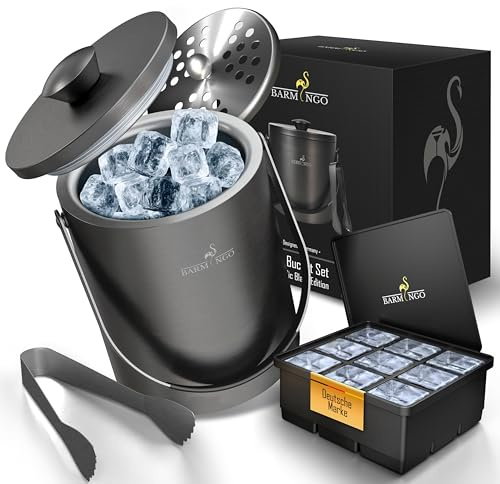 BARMINGO Seau à glaçons en acier inoxydable avec couvercle - 2 l - Seau à glace pour glaçons avec passoire, bac à glaçons et pince - Double paroi isolée, sans BPA - Grand seau à glace métallique