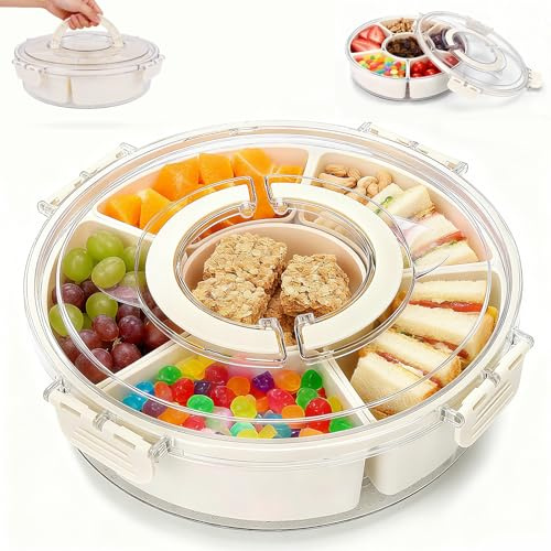 Euakee Snackbox Mit Fächern, Rund Snackbo Drehbar, Picknick Box Mit Fächern,Mit Deckel Und Griff, 6 Fächern Servierplatte Rund Snackbox Drehbar Für Süßigkeiten Obst Kekse Gemüse (Runde)