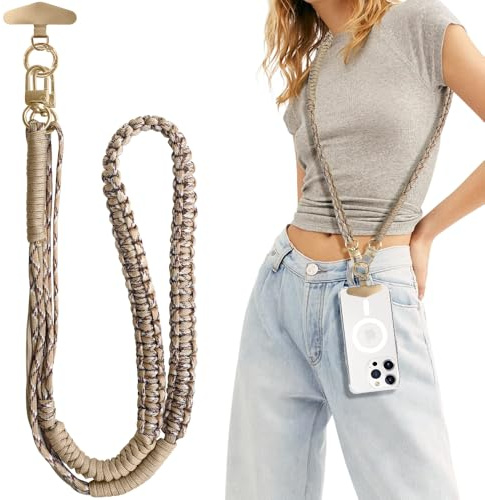 UnnFiko Handykette Universal zum Umhängen,Handyband Abnehmbar für Hülle,Verstellbar kette mit mit 2 Karabine für alle Smartphones,Braun（ohne hülle）