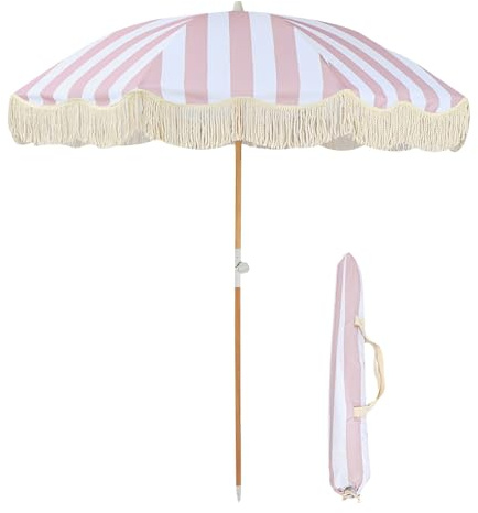 Parasol de plage étanche de 200 cm avec franges Protection UV 50+ Parasol de jardin portable inclinable 8 baleines robustes avec sac de transport pour un transport facile