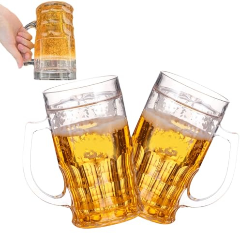 Jarra de cerveza falsa de 420 ml, de doble capa, divertida, de plástico, con asa, apta para bebidas de bar, bromas y fiestas (2 unidades)