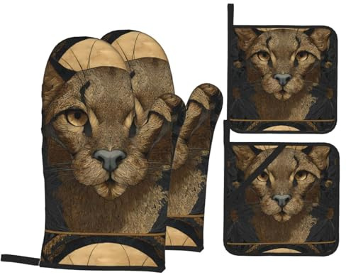 YYHHAOFA Ensemble de pâtisserie de cuisine à motif tête de chat, gants de four, épais et isolants 4 pièces