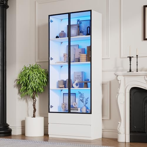 Juabett 80*34*200cm Glasvitrine mit LED-Beleuchtung, Glastür Vitrine Kippschutz, Standvitrine mit 2 Schubladen, Sammlervitrine, Weiß Vitrinenschränke, Hochschrank für Wohnzimmer oder Arbeitszimmer