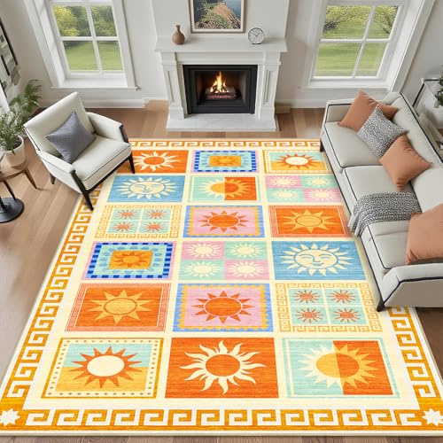 Area Rug 5x7 Sun Rug Living Room Boho Sun Rugs Patchwork Machine Washable Non-Slip Printed Low-Pile Floor Carpet for Bedroom Dining Room Office