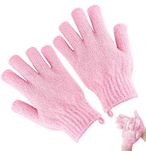 1 a Pair Exfoliating Gloves - Bamboo Shower Gloves - Bath and Body Exfoliator Mitts - Scrubs Away Ingrown Hair and Dead Skin - for Shower, Spa, Massage and Dead Skin Cell Remover - Pink