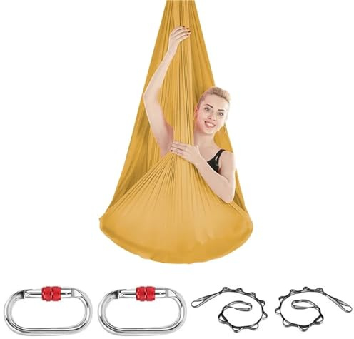 NDSJAIE Columpio Yoga Aereo Conjunto Completo de sedas aéreas for Yoga, Equipo Hamaca oscilante, cinturón inversión for Gimnasio en casa, Juego Volador y Danza aérea 5x2,8 m(Gold)