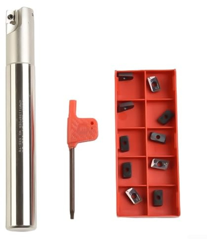DAZZLEEX 10 Stück APMT1135 Hartmetall-Wendeschneidplatten-Set mit 90° 2-schneidigem Schaftfräser, 150 mm Länge, 20 mm Durchmesser, inklusive Schraubenschlüssel für CNC-Metallbearbeitung und Manufa