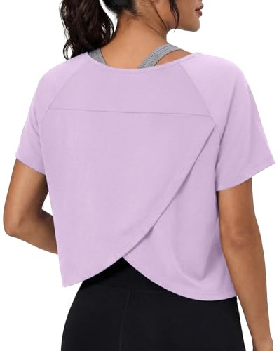 GRECERELLE Women's Gym Top Cotton Blend Short Sleeve Loose Fit T-Shirt with Crossover Back Yoga & Running Activewear for Ladies Sports Workout Tees for Women