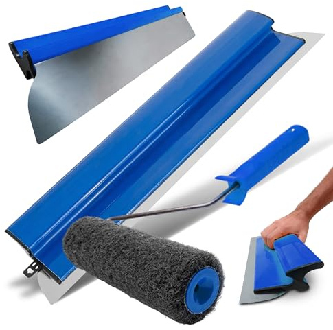 Set: Flächenspachtel 60 cm + Spachtelwalze 25 cm - Glättspachtel mit austauschbar Edelstahlklinge und ergonomischer Griff – Breitspachtel für Trockenbau, Wände & Decken