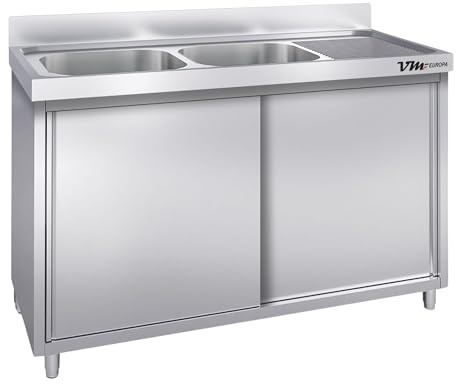 VM Europa - Gastro Spülschrank mit 2 Becken Links + Schiebetüren - 160 x 70 cm - AISI 430 Edelstahllegierung - Doppelbecken Unterschrank - Spültisch Gastronomie Spüle Spülbecken Waschtisch