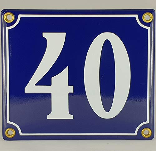 Hausnummer Emaille Schild Nr. 40 Blau-Weiß Handarbeit mit Schrauben und Dübel zur Montage