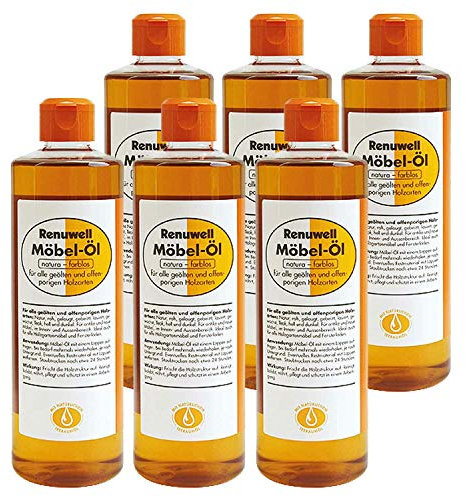 Renuwell Möbel-Öl, 6x 500 ml – Natürliches Pflegeöl für Holz mit Leinöl und Teebaumöl, farblos, Schutz für geölte und unbehandelte Holzoberflächen, Schweizer Qualität