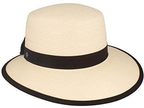 Breiter ORIGINAL Damen Panama Hut, Strohhut, Sommerhut, 100% Stroh, UV Schutz 50+, asymetrische Krempe & Einfass, Made IN Ecuador