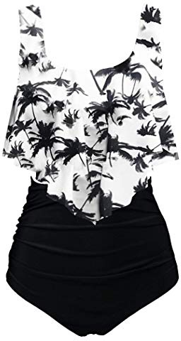 Aidotop Swimsuit for Women Top Ruffled High Waist Swimwear Two Pieces Bathing Suits Bikini Sets(1black Coconut,UK 14-16(L))