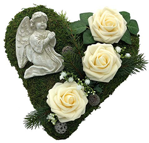 Radami Grabgesteck Grabschmuck Grabaufleger Moosherz Grabherz Trauerherz Grab Herz Gesteck Rosen mit Engel (Rosen Creme)