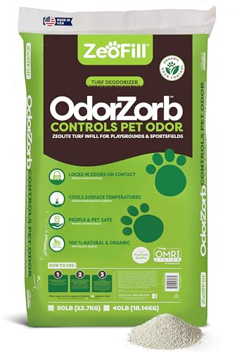 Zeofill Relleno de olores de alta calidad para exteriores, bolsa de 40 libras, eliminador de olores de orina de mascotas para césped artificial, césped, parques infantiles y campos deportivos, 97% de