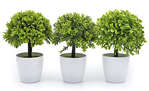 KELZIA Planta Artificial Decorativa - Set de 3 Árboles en Maceta Blanca para Decoración de Oficina, Mesa, Ventana, Repisa, Chimenea y Estantería