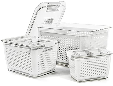 Spesh Set of 3 Fresh Food Storage Containers(4.5 L + 1.7 L + 0.5 L) Vegetable Crisper Boxes Plastic Fridge Storage Organisers with Lid and Vent (White)