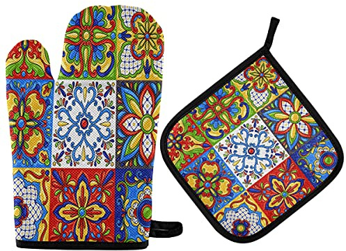 Mexican Talavera Tile Oven Mitts and Pot Holders Moroccan Ottoman Motifs Cooking Gloves Kitchen Trivet Mats 2-Piece Set Non-Slip Heat Resistant Pad for Baking BBQ Home Decor