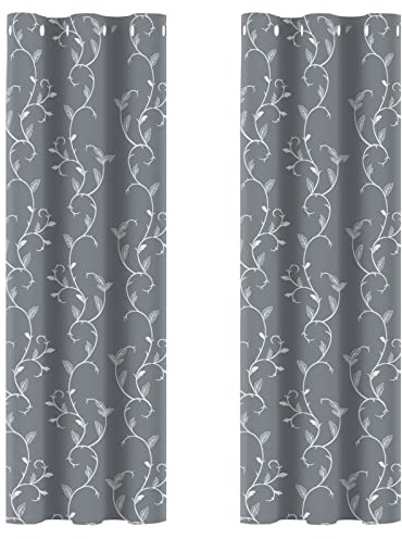 BUHUA Verdunkelungsgardinen mit Ösen, Thermo Gardinen Blickdicht Vorhänge, Verdunkelungsvorhänge Weinstock Muster Wohnzimmer, 2er Set H 183 x B 117 cm, Hellgrau