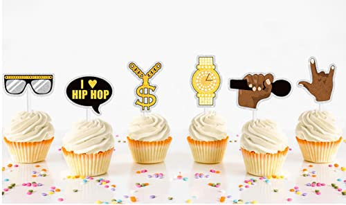 Rap Hip Hop Dessert Cupcake Toppers Kit, I love hiphop Theme Badass Rapper Sunglasses Gold Chain Ring Birthday Party Decorations - Set of 18