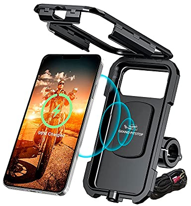 Grandpitstop -Waterproof Handlebar Fully Waterproof Bike / Motorcycle / Scooter Mobile Phone Holder Mount With Fast 15W Wireless & Usb-C Input/Output Charger, Ideal For Maps And Gps Navigation - Black