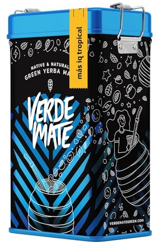 Verde Mate Mas IQ Tropical 0,5kg | Yerbera | Boîte en métal avec distributeur | Maté aux fruits exotiques et guarana | Stimulation | Thé du Brésil | 500 g