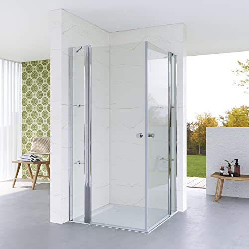 Duschkabine 120x120 cm Eckeinstieg Glas Pendeltür Duschabtrennung Rahmenlos Eckig Ebenerdige Montage Duschtür Schwingtür mit Festteil Eckregale Eckdusche aus Echtglas klar 5 mm Höhe 187 cm
