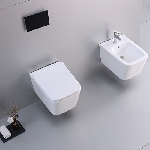 Yellowshop, Set Sanitari Sospesi PLAIN, Vaso Rimless e Bidet con Coprivaso Soft-Close, 52x36x30 cm