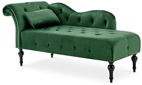 Bravich Velvet Fabric Green Chaise Lounge Chair-One Piece Chesterfield Left Hand Side Long Sofa Seater For Living Room Furniture Decor. Wooden Legs With Rolled Arm Rest & Small Cushion- Green