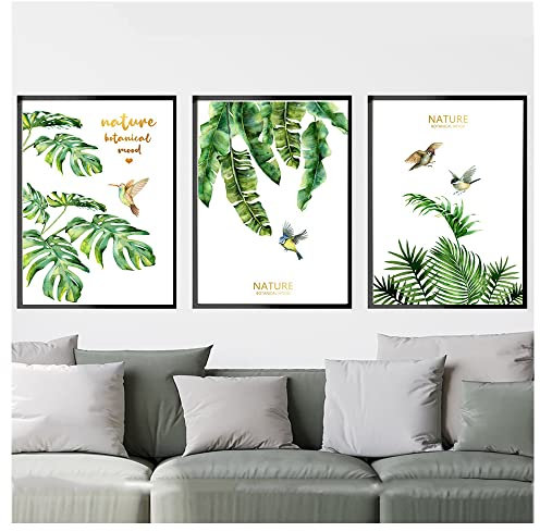 Wanfoou 3 pezzi Botanica Foglie Verdi,Stampa artistica da parete con foglie tropicali su tela,poster di foglie verdi, decorazione per soggiorno, cucina, ufficio, 30 x 40 cm,Senza Cornici