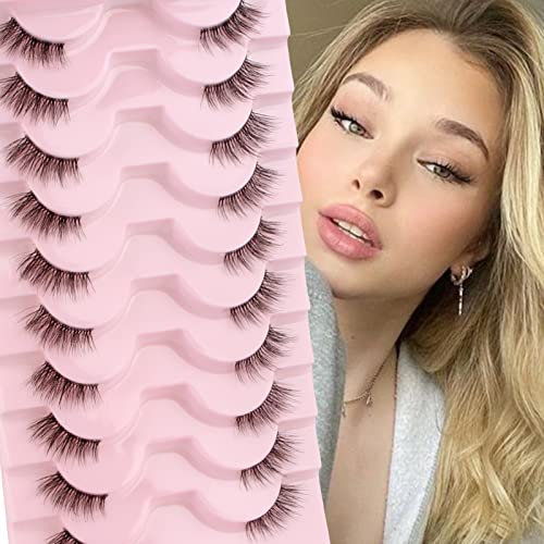 Glowing Win Mezze Ciglia Finte Naturali 10 Paia 3D Half Lashes Natural Cat Eye Lashes Cancella Banda Trasparente Fake Mink Lashes occhio di gatto Fatto a Mano False Eyelashes Riutilizzabile