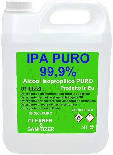 IPA PURO CLEANSER, Isopropanolo, Alcool Isopropilico, Alcool puro al 99,9%, Pulizia Stampanti 3D, Elettronica, Detergente per Vaschette ad Ultrasuoni, Multiuso - tanica da 5 litri