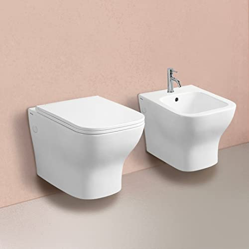 Kiamami Valentina - Coppia di sanitari sospesi bidet + wc senza brida in ceramica bianco lucido