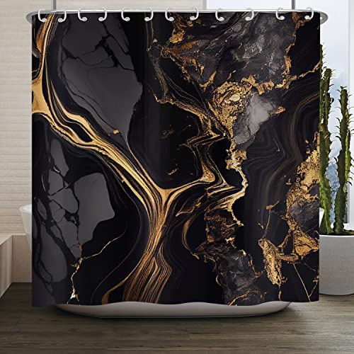 ASDCXZ Marmor Duschvorhang Schwarz Gold 180x200 cm, Modern Abstrakt Schwarz Gold Marmor Optik Textur Waschbar Bad Duschvorhänge Polyester Textil Wasserdicht Duschvorhang für Badewanne mit 12 Hake