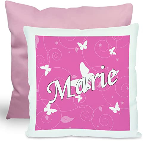 CreaDesign, Kinder Kissen 40x40 cm personalisiert mit Namen, Kinderzimmer Deko Kissen Kinder mit Füllung Federn, Motiv Schmetterling rosa, Rückenfarbe Rosa