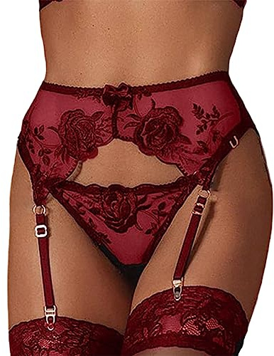 NewBull Liguero Mujer Set Ligueros Tirantes Conjuntos de Lencería Calzoncillos, Anchos Medias Sexy Encaje con 4 Correas Ligas Ajustables para Mujer + Tanga (Rojo)