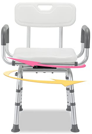 Herrselsam Duschstuhl Höhenverstellbar Duschsitz mit Rückenlehne und Armlehne, 360°Drehbarer komfortabel Badehocker, rutschfest, Stabil Dusch für Senioren, Behinderte und Schwangere