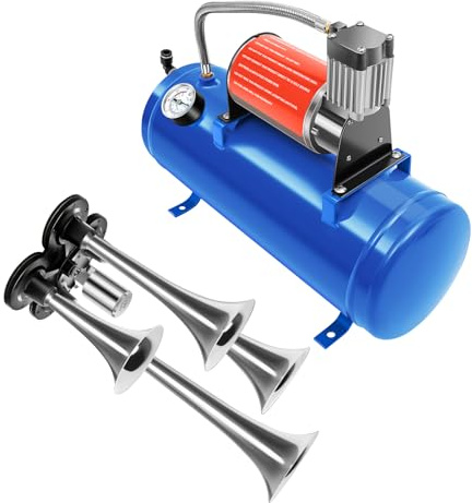 Druckluftkompressor 12V 6L, 8,3 bar, mit 4-Ton Fanfare | Automatischer Druckschalter; Vibrationsarme Gummifüße; 120 dB Lautstärke; Für Reifen, Bälle, Boote, Signal