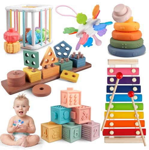 Aliex Baby Spielzeug, 6 in 1 Montessori Babyspielzeug – Motorikspielzeug & Holzspielzeug – Xylophon | Stapelturm | Stapelsteine | Motorikwürfel – Lernspielzeug & Geschenk für Babys