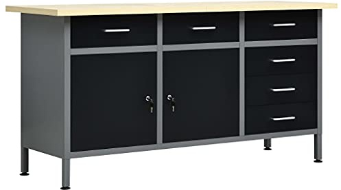 KOIECETA Mesa de trabajo con 6 cajones, 2 armarios, patas ajustables en altura, para taller, mesa de trabajo, mesa de trabajo, mesa de embalaje, color negro, 160 x 60 x 85 cm, acero
