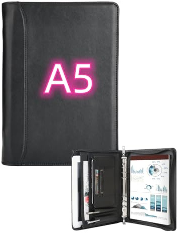 KISSKI Ledermappe für Herren, Kleines A5 Dokumententasche Organizer mit Stift-/Kartenhalter, 6 Ringbuch Konferenzmappe Schreibmappe für Links-/Rechtshänder, Tablet für iPad Mini/iPad Air 2, Schwarz