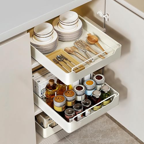 Kashyke Ausziehbarer Schrank Organizer, Slide Out Drawer Pull Out Cabinet Organizer Kitchen, Schrank Ausziehbare Schublade Küche zum Kleben, Teleskopschublade Küche ohne Bohren (43 * 7 * 20cm)