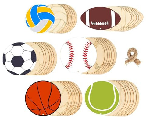 TEHAUX 42sets Sports Shaped Wooden Cutouts for Crafts Unfinished Graffiti Slices for Parties Home Decoration and Creative Handcrafts
