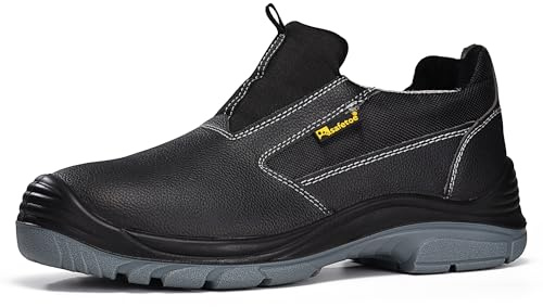 Zapatos de trabajo sin cordones para hombre, de baja altura, puntera de acero, piel de vaca, zapatos de seguridad negros con entresuela de placa de acero, tenis ligeros y cómodos para uso industrial